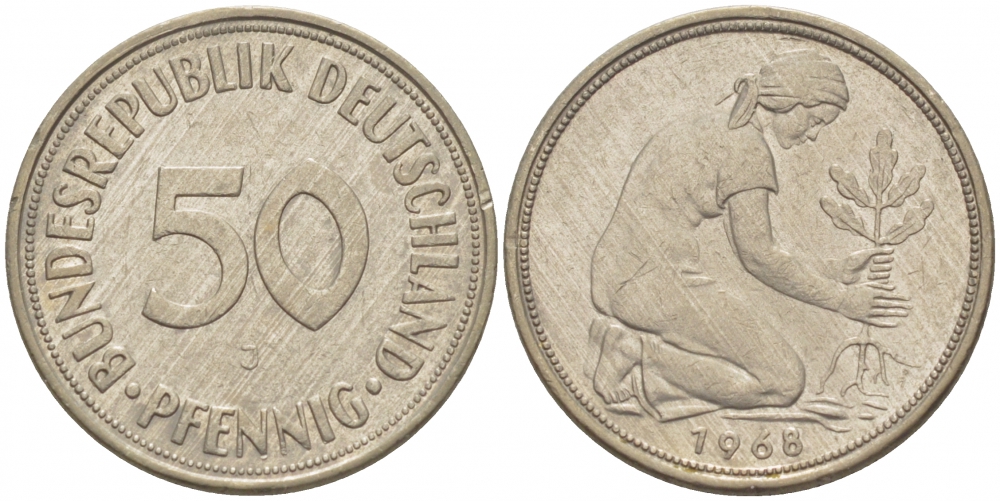 ФРГ 50 ПФЕННИГОВ 1968 J, KM 109.1, J. 384 медно-никель 3996-1219