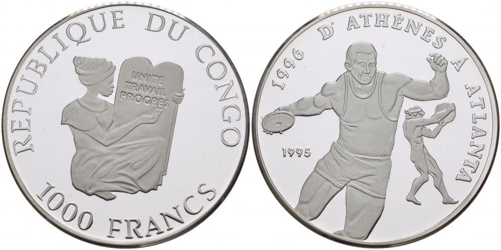 Конго 1000 франков 1995 олимпийские игры 1996 года в Атланте, дискобол, тираж 15000 экз. KM 23 серебро PROOF 01-173-43