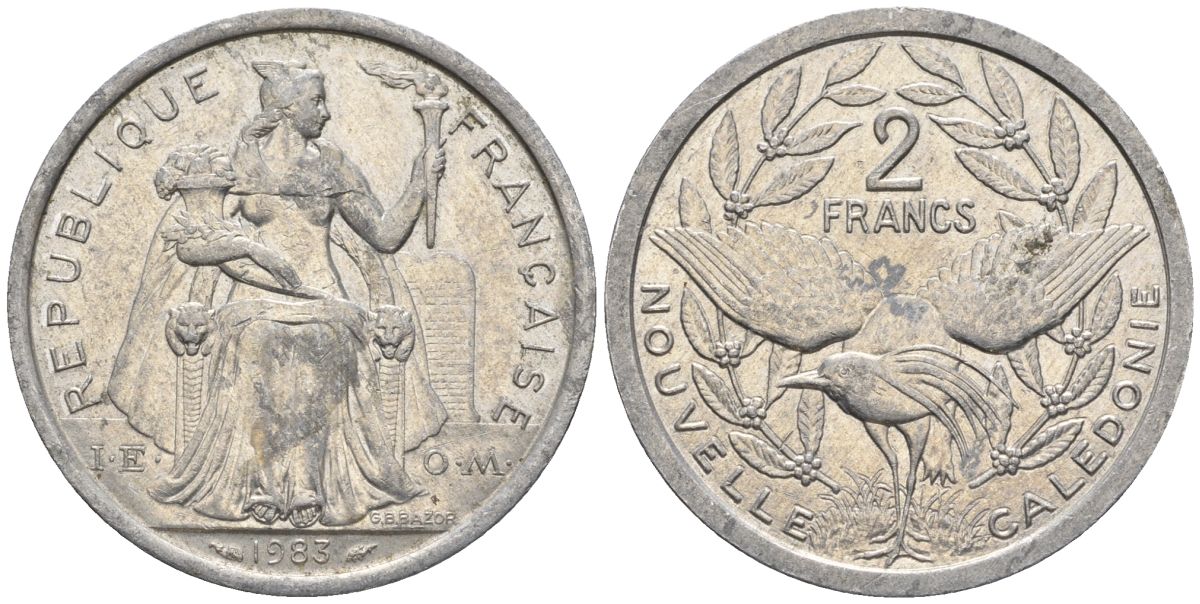 Французская Новая Каледония 2 франка 1983 птица кагу, (IEOM) KM 14, Schoen 11, Lec 63 алюминий    27-746