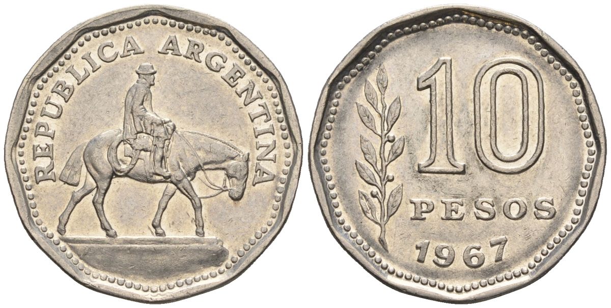 Аргентина 10 песо 1967 Гаучо KM 60, Schon 60, CJ 286 никелированная сталь    60-945
