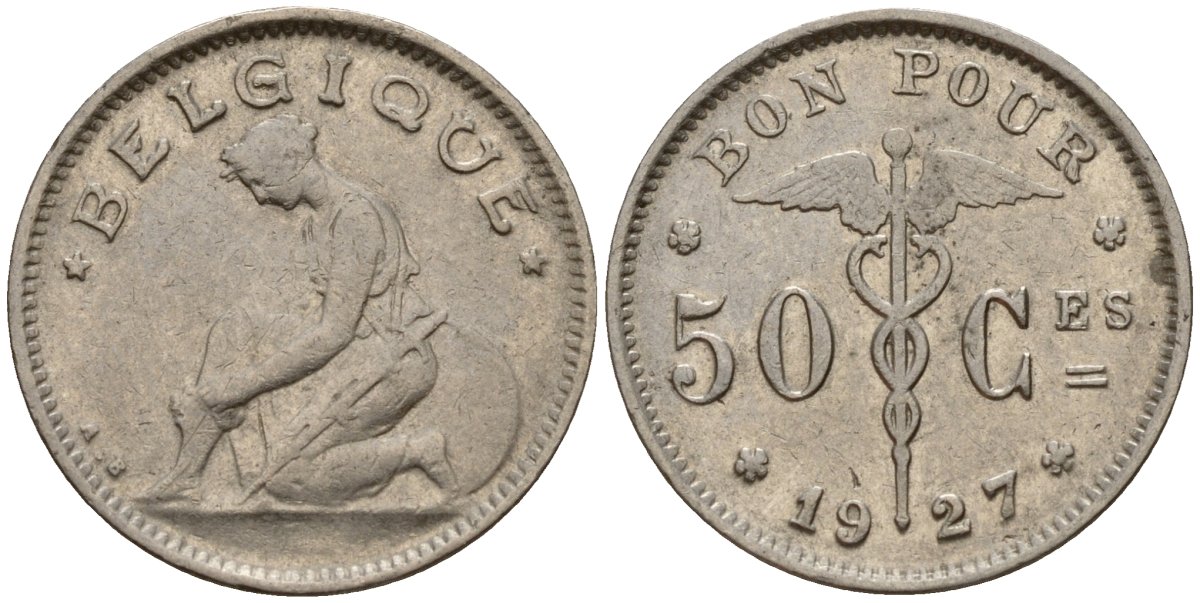 Бельгия 50 сантимов 1927 Belgique KM 87 никель 4189-756
