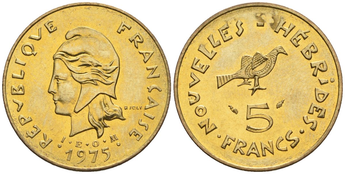 Французские Новые Гебриды 5 франков 1975  KM 6.2 никель-латунь  UNC  4610-536