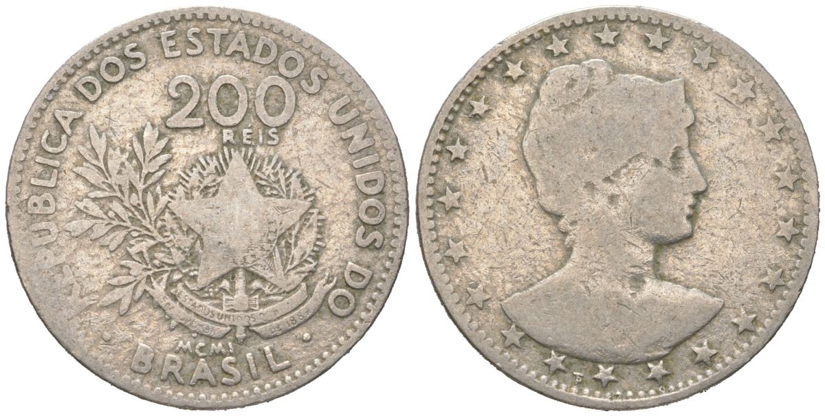 Бразилия 200 реалов 1901 MCMI, голова свободы вправо KM 504 медно-никель 4612-142