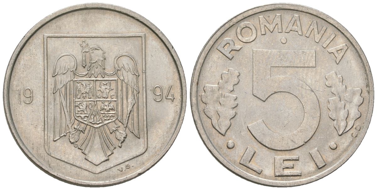 Румыния 5 леев (лей) 1994 редкий год KM 114 сталь плакированная никелем aUNC 218-743