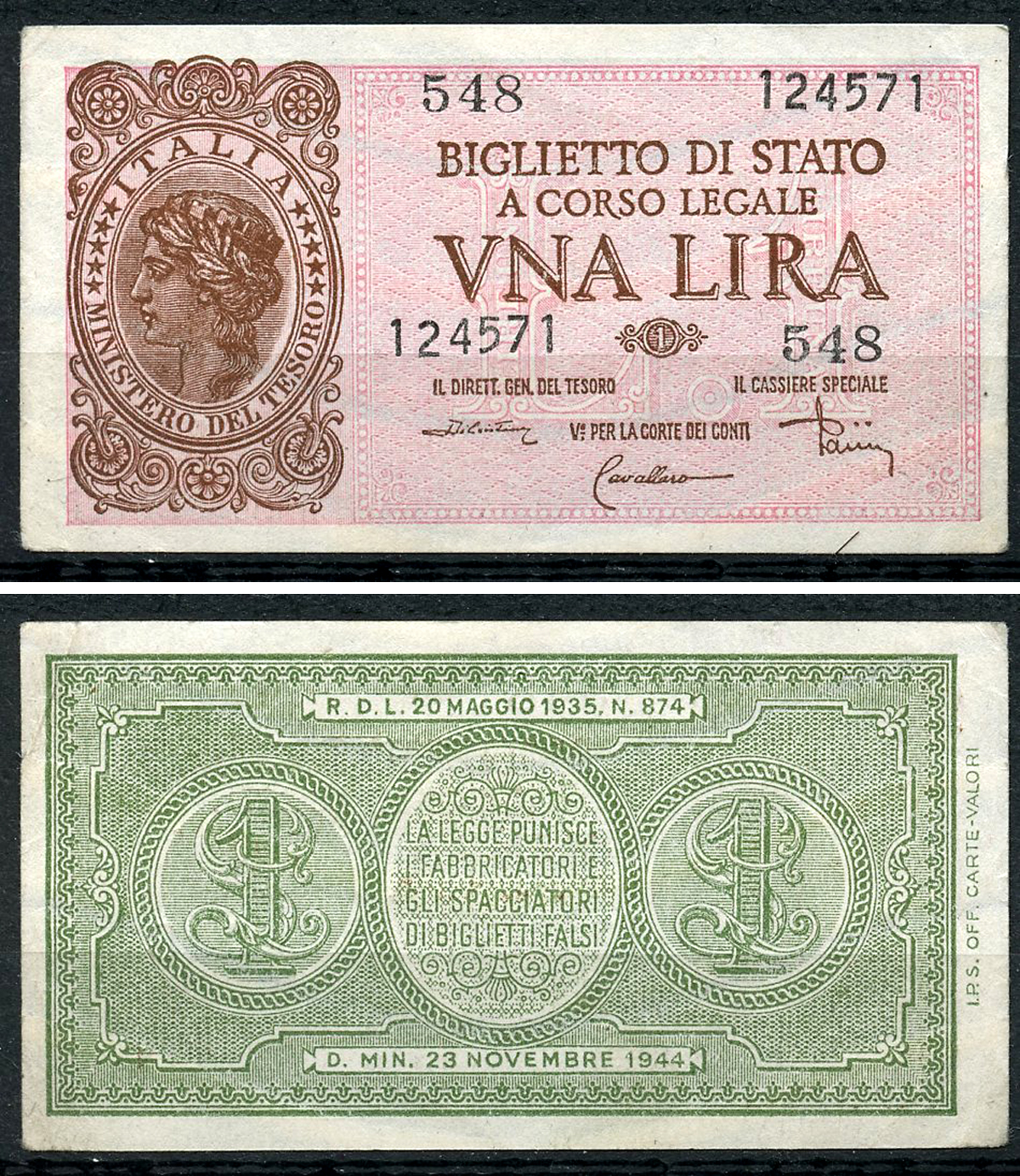 Италия 1 лира 1944 подписи Di Cristina, Cavallaro, Parisi Pick 29 c, Grapanzano BS 8  бумага  aUNC 8614-8-1-2