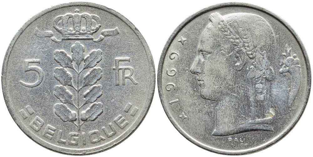 БЕЛЬГИЯ 5 ФРАНКОВ 1969 BELGIQUE KM 134.1 медно-никель 3999-313