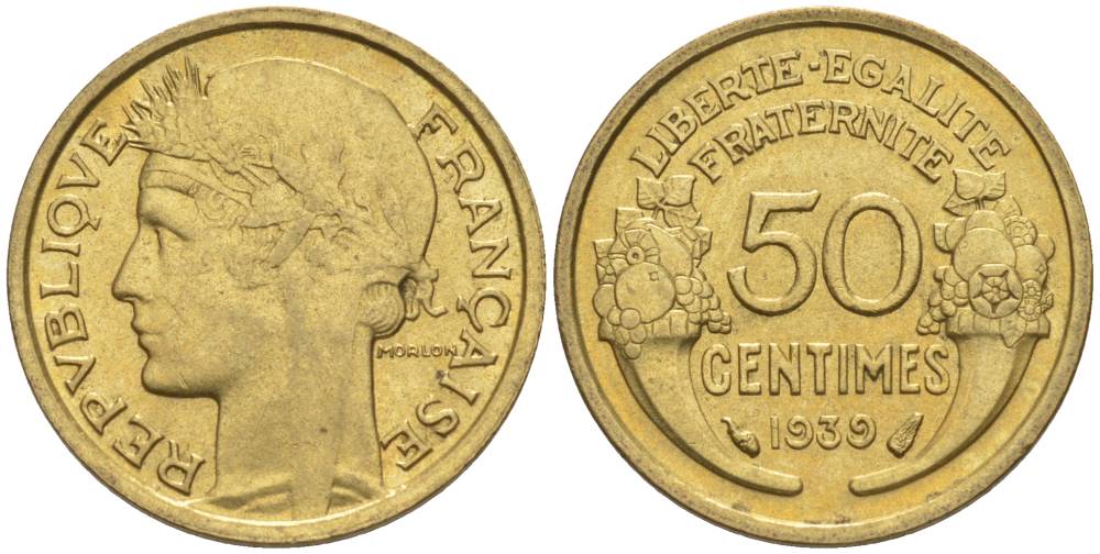 ФРАНЦИЯ 50 САНТИМОВ 1939 ТИП MORLON KM 894.1, LE FRANC 192.15 алюминиевая бронза 44-841