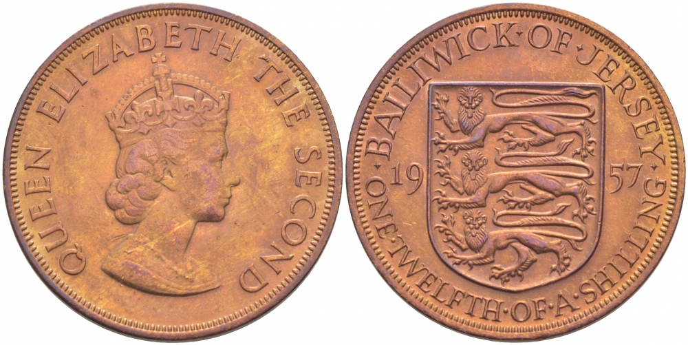 Джерси 1/12 шиллинга 1957 Елизавета II (1952-2022) KM 21 бронза UNC 3996-246