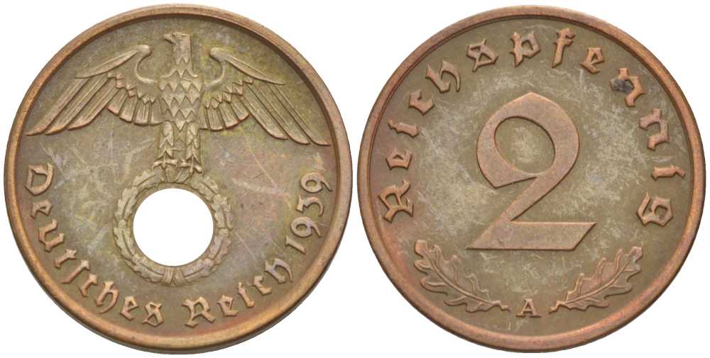 ГЕРМАНИЯ 2 РЕЙХСПФЕННИГА 1939 A KM 90, J. 362 бронза 261-934
