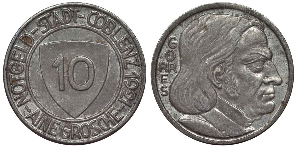 Германия, Кобленц 10 пфеннигов 1921 Рейнлянд-Пфальц, нотгельд Funck 80.5 железо 4119-1115