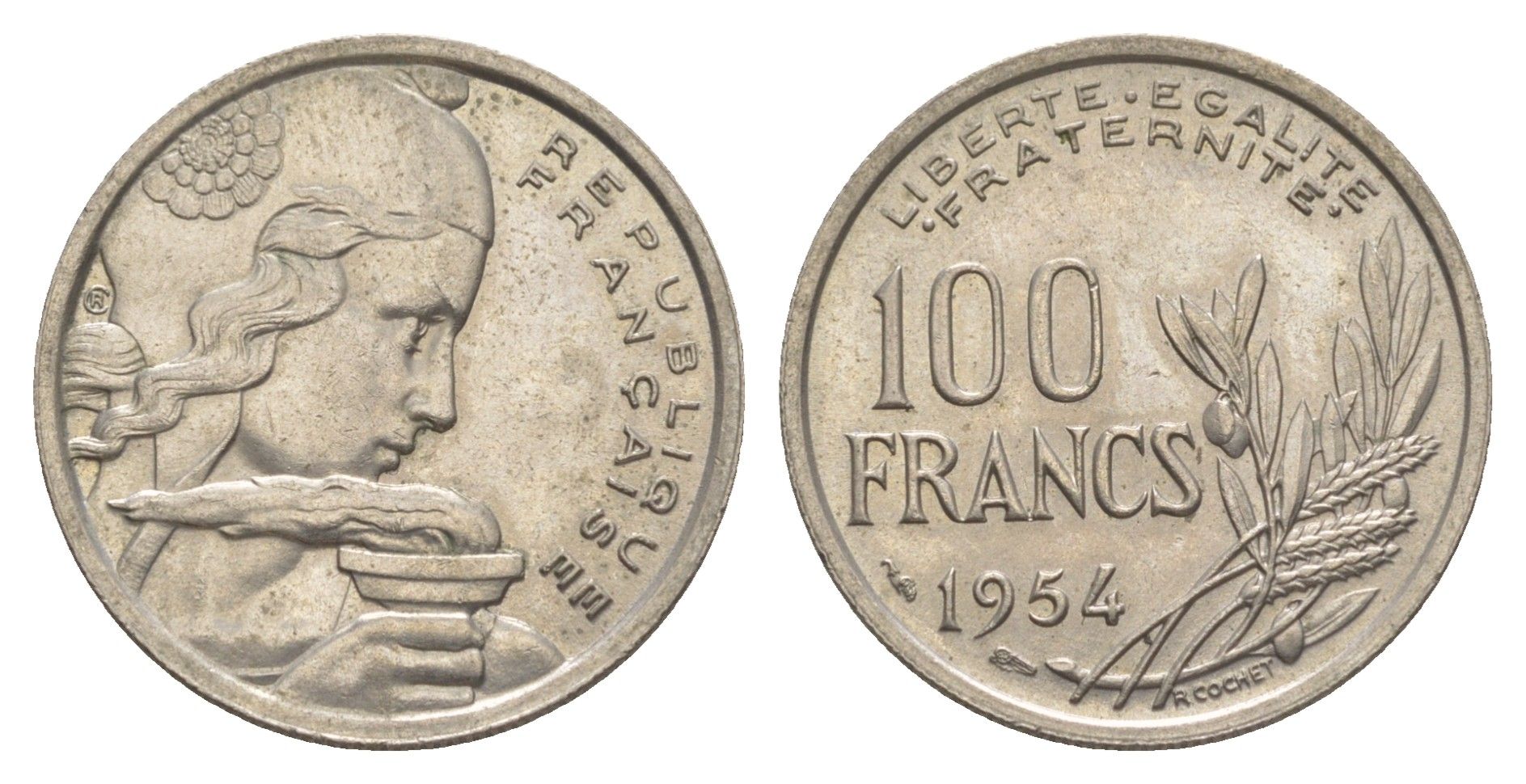 Франция 100 франков 1954 KM 919 медно-никель 4629-1017