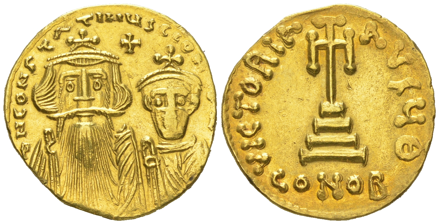 Византийская Империя солид 654-659 Констант II с Константином IV/ крест, Константинополь, 4,44 гр, about extremely fine Sear 959 золото 10-020-83