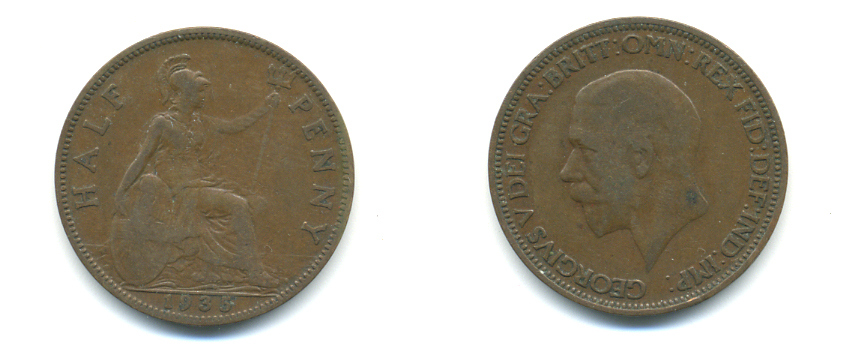 Великобритания 1/2 пенни 1935 Георг V (1910-1936) KM 837, Spink 4058 бронза 89-342
