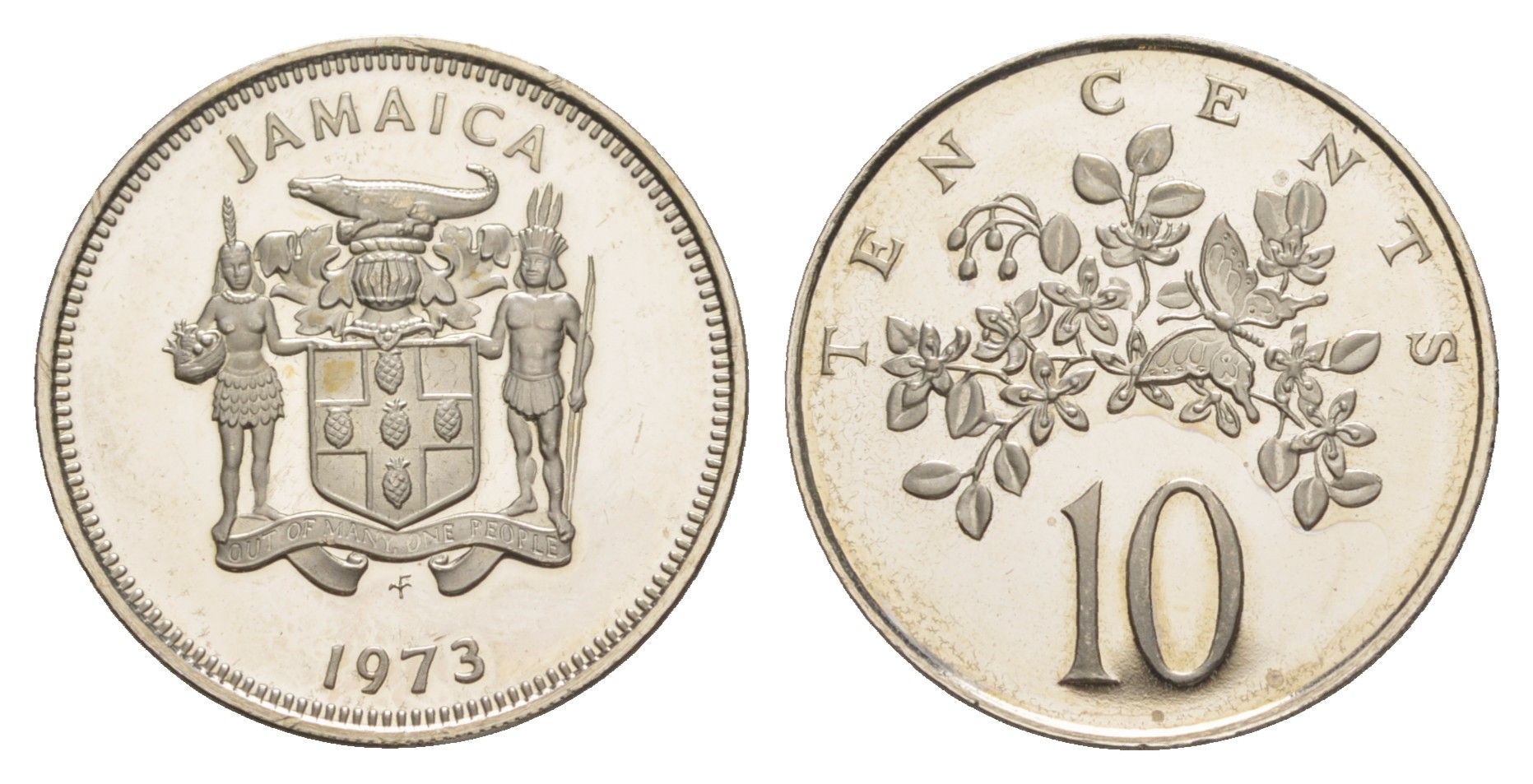 Ямайка 10 центов 1973 FM, тираж 28.000 экземпляров KM 54 медно-никель PROOF 1528-1443