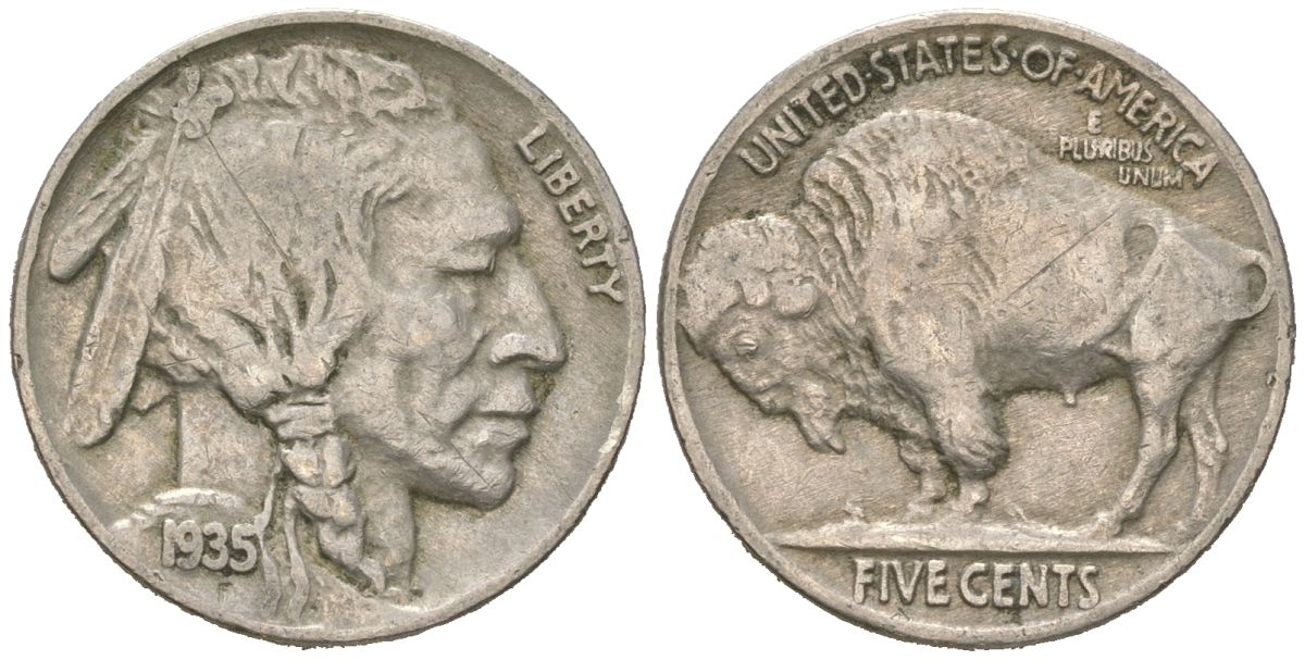 США 5 центов 1935 индеец, бизон KM 134 медно-никель 4614-1161