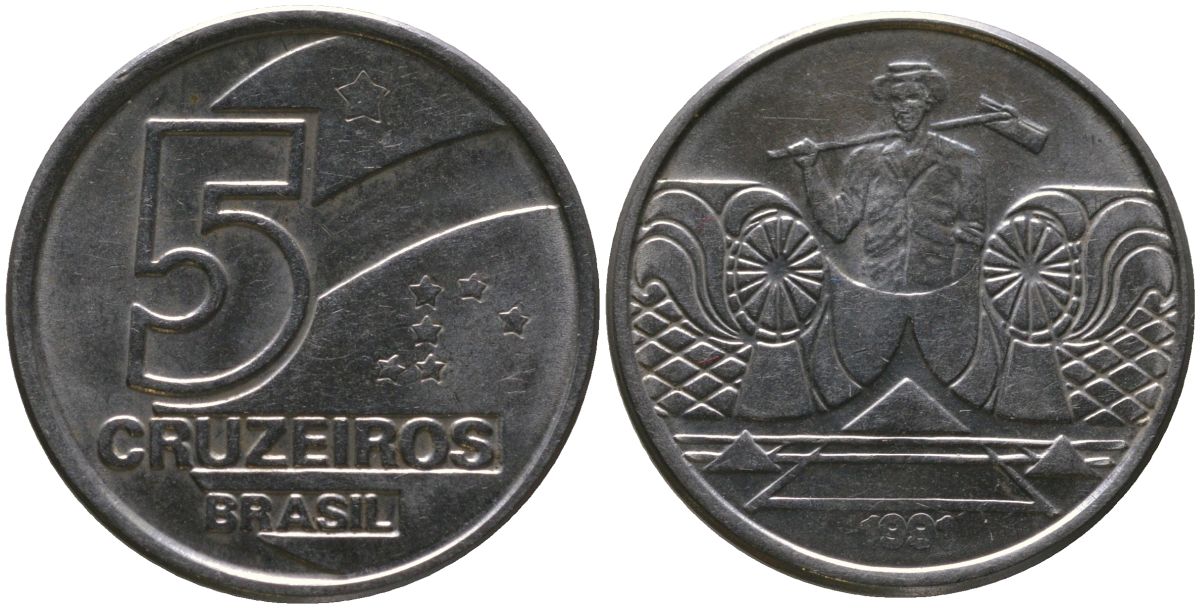 Бразилия 5 крузейро 1991 KM 618.2, Schon 127a нержавеющая сталь 4519-522