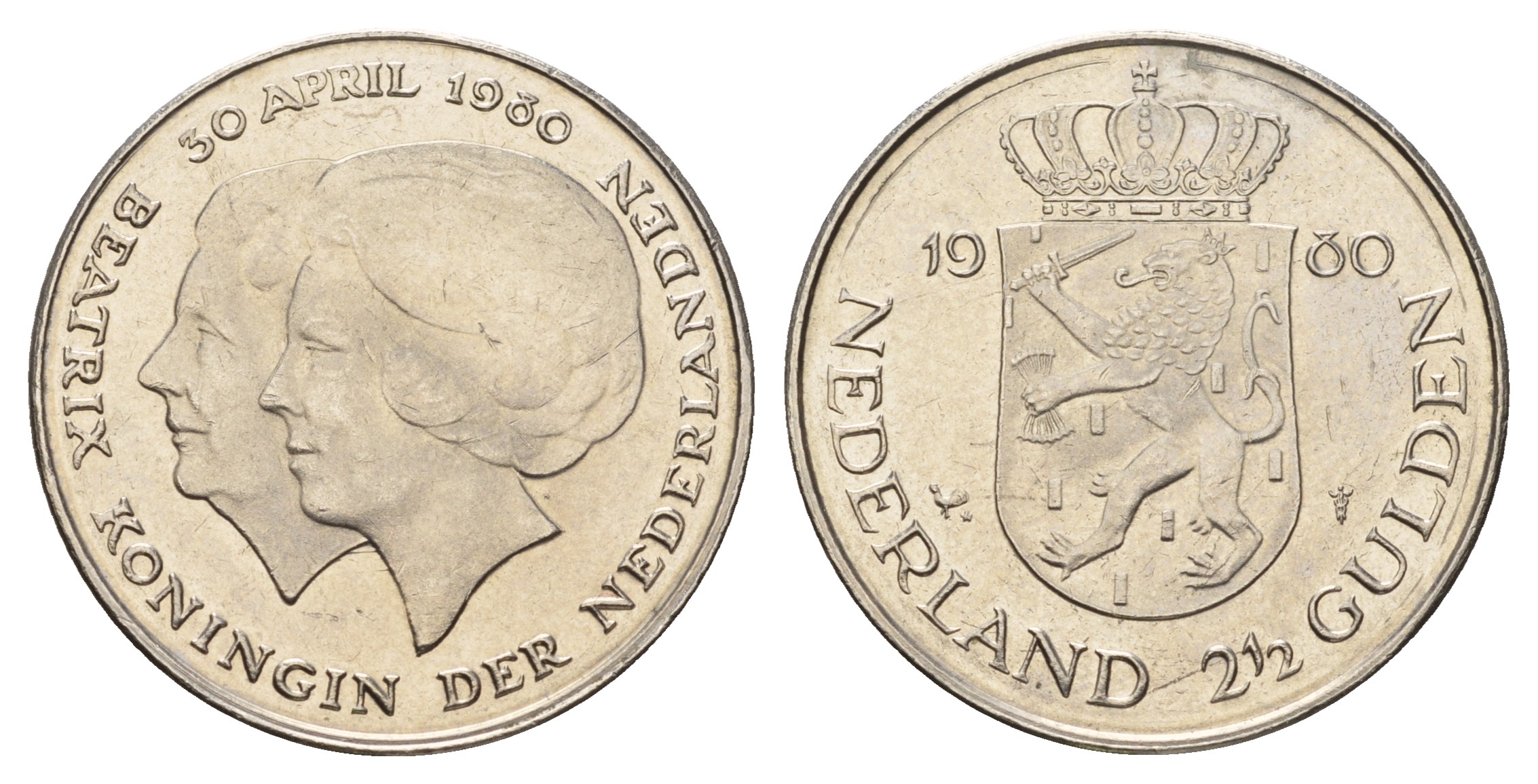 Нидерланды 2 1/2 гульдена 1980 коронация Беатрикс, 30 апреля 1980 KM 201 никель 4683-834