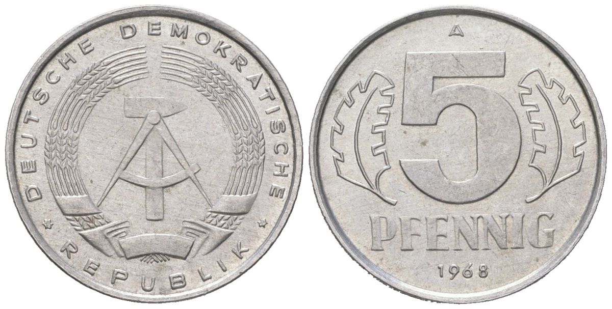 ГДР 5 пфеннигов 1968 A KM 9.1 алюминий aUNC 206-557