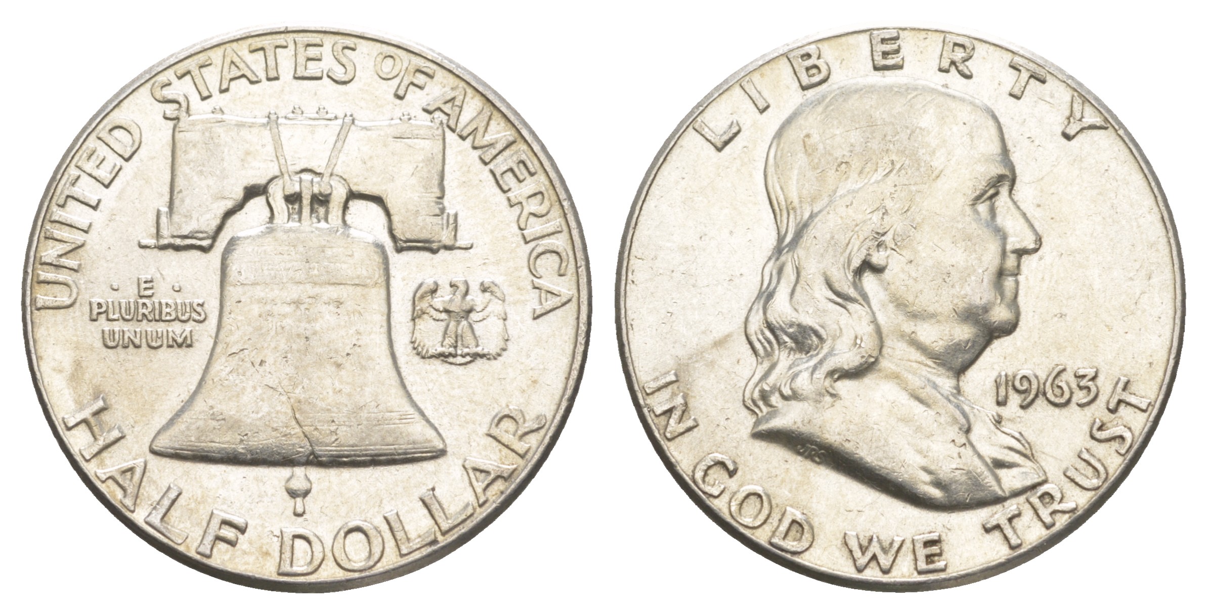 США 1/2 доллара (50 центов) 1963 Бенджамин Франклин, колокол KM 199 серебро  aUNC  4574-415