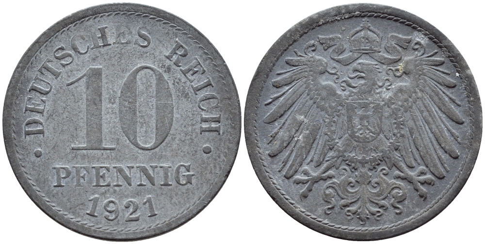 ГЕРМАНИЯ 10 ПФЕННИГОВ 1921 KM 26, J. 299 цинк 4395-1254