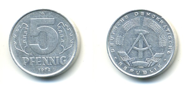 ГДР 5 пфеннигов 1972 A KM 9.1 алюминий 4379-216