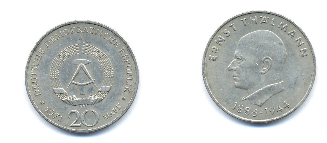 ГДР 20 марок 1971 A, 85 лет со дня рождения Эрнста Тельмана KM 34, J. 1535 медно-никель 3333-522