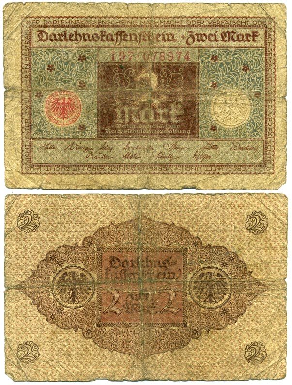 ГЕРМАНИЯ 2 МАРКИ 1920 1 МАРТА 1920, ВЕЙМАРСКАЯ РЕСПУБЛИКА, КОРИЧНЕВАЯ, СЕРИЯ 197 Pick 60, Rosenberg 65a бумага 3295-85-1-2