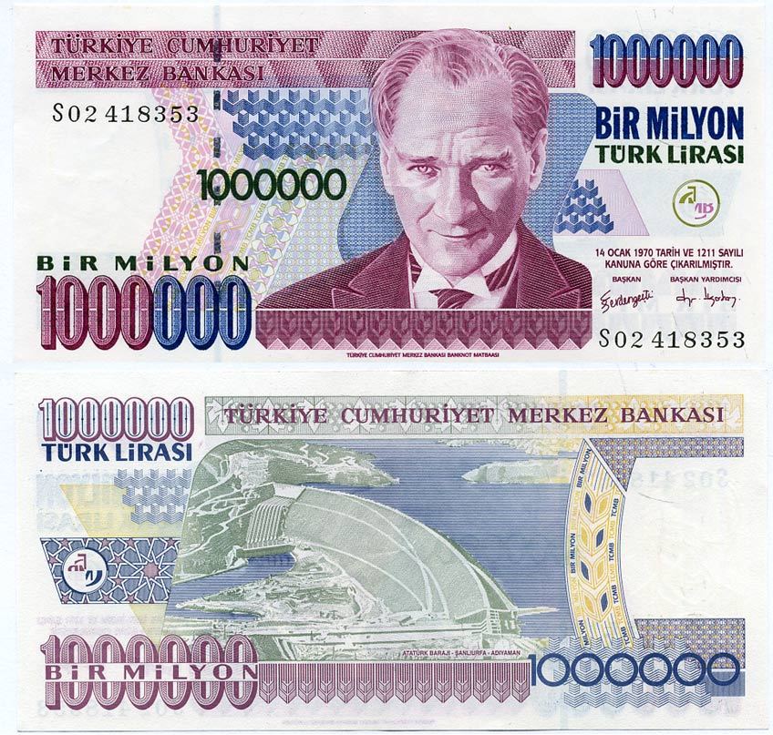 ТУРЦИЯ 1000000 ЛИР 2002 ПРЕЗИДЕНТ КЕМАЛЬ АТАТЮРК Pick 213 бумага 8588-45-2-2