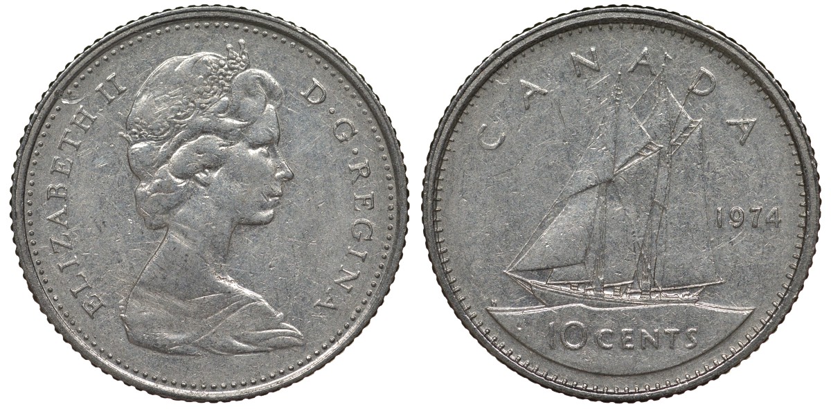 Канада 10 центов 1974 парусник, Елизавета II (1952-) KM 77.1 никель 4124-514