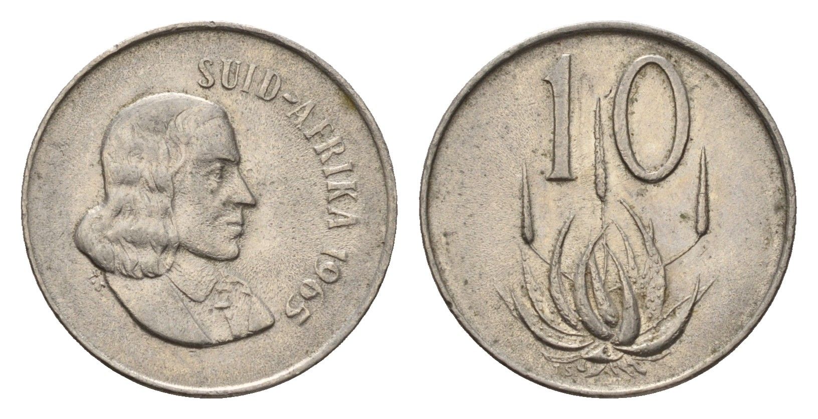 ЮАР 10 центов 1965 Ян ван Рибек (1619-1677), Suid Africa, легенда на африкаанс, цветок алоэ KM 68.2 медно-никель 4640-1211