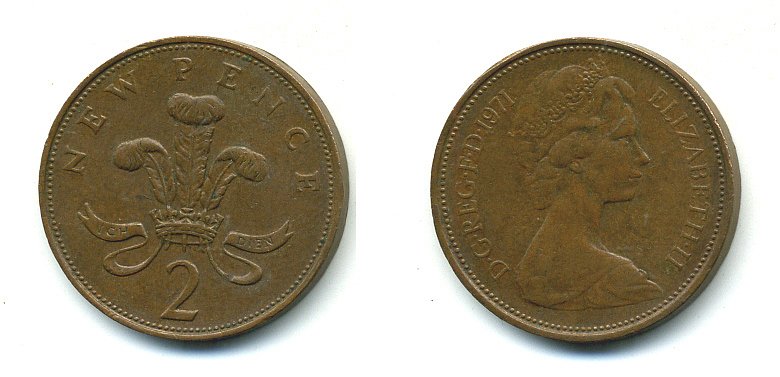 Великобритания 2 пенса 1971 Елизавета II (1952-2022) КМ 916, Spink 4235 (C1) бронза 4110-611