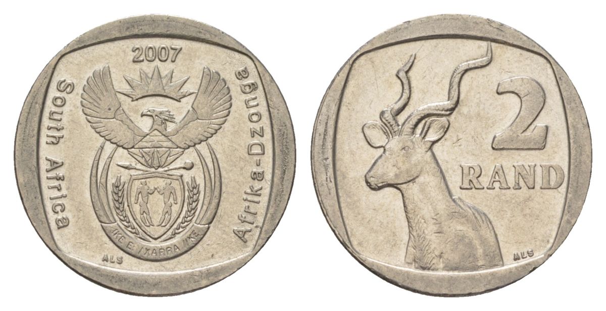 ЮАР 2 ранда 2007 KM 296 медь плакированная никелем aUNC 4628-145