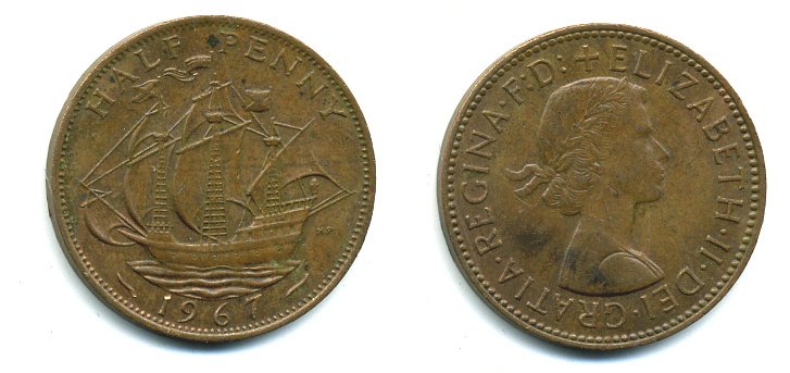Великобритания 1/2 пенни 1967 Елизавета II (1952-2022) KM 896, Spink 4158 бронза 41-853