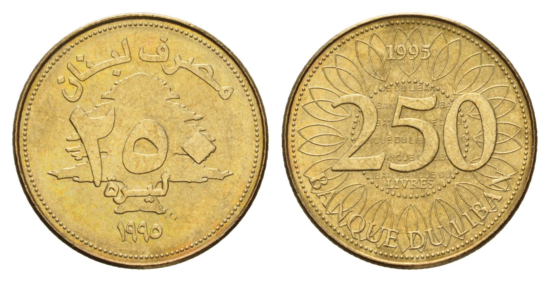 Ливан 250 ливров 1995 орнамент KM 36 медь алюминий никель UNC M72-09