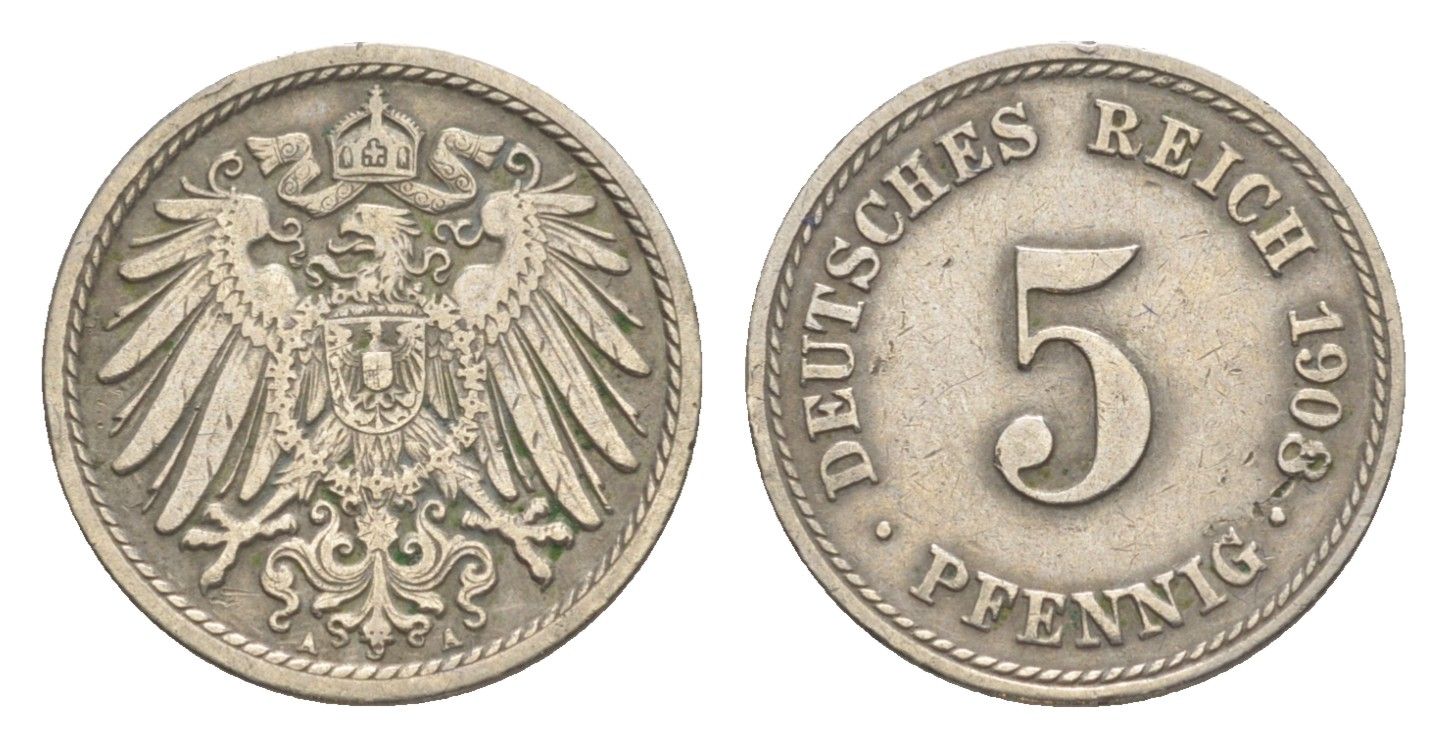 Германия 5 пфеннигов 1908 A, Вильгельм II (1888-1918) KM 11, J. 12 медно-никель 4640-124