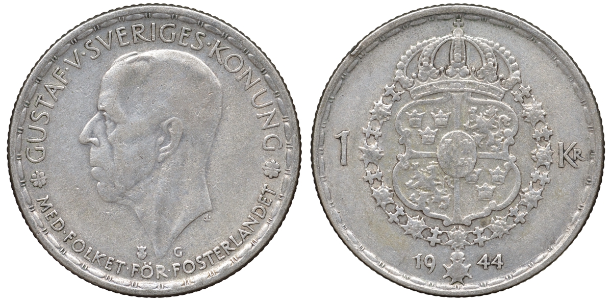Швеция 1 крона 1944 G, Густав V (1907-1950) KM 814 серебро 4178-711
