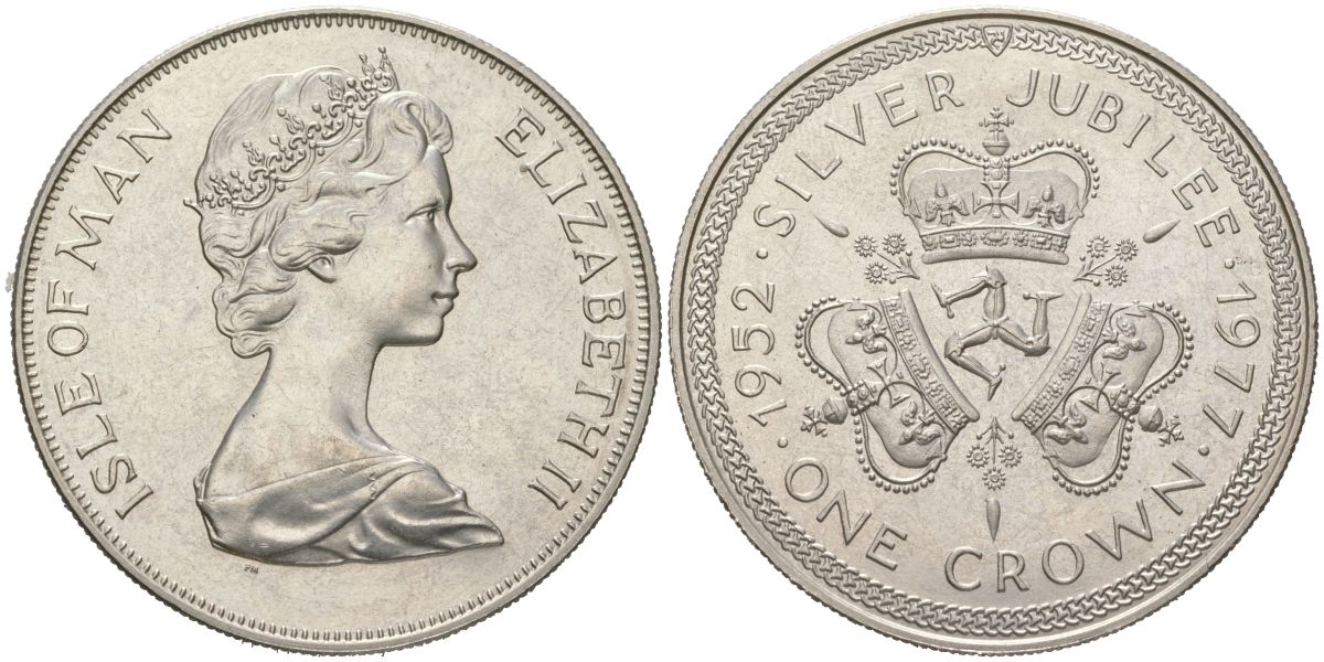 Остров Мэн 1 крона 1977 25 лет правления Королевы Елизаветы II, герб KM 41 медно-никель BU 00-1067-5-14
