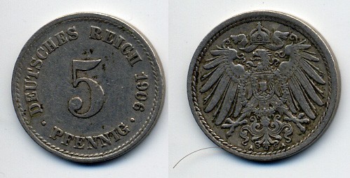 ГЕРМАНИЯ 5 ПФЕННИГОВ 1906 A, KM 11, J. 12 медно-никель 76-126