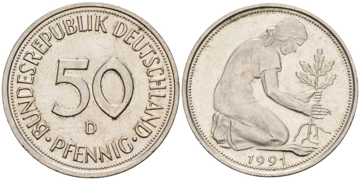 ФРГ 50 пфеннигов 1991 D KM 109, J. 384 медно-никель 4177-831