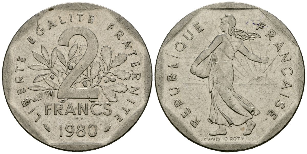 Франция 2 франка 1980 сеятель KM 942.1, Le Franc 272.3 никель 4120-1046