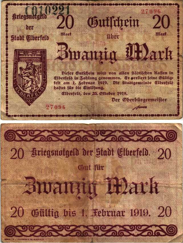 ЭЛЬБЕРФЕЛЬД 20 МАРОК 1918 НОТГЕЛЬД, 25 ОКТЯБРЯ 1918 - 1 ФЕВРАЛЯ 1919, ЗЕМЛЯ СЕВЕРНЫЙ РЕЙН-ВЕСТФАЛИЯ Geiger 124.05b бумага 6300-35-3-2