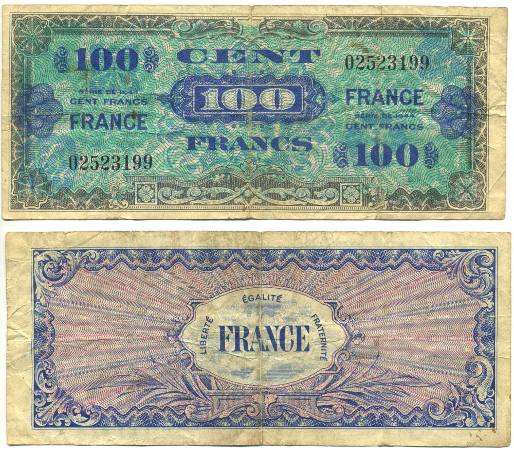 Франция 100 франков 1944 военный выпуск Pick 123 с бумага 3295-93-1