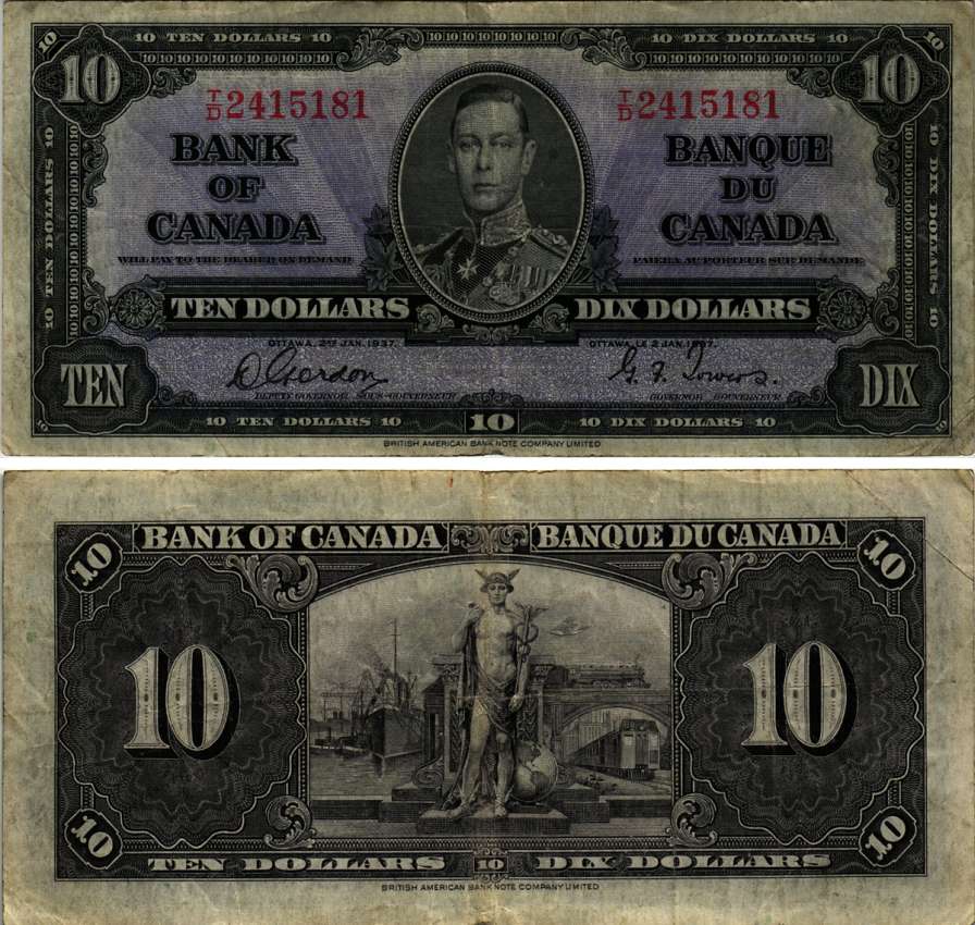 КАНАДА 10 ДОЛЛАРОВ 1937 ГЕОРГ VI, ПОДПИСЬ GORDON-TOWERS, BABNC Pick 61b бумага 451-256-3