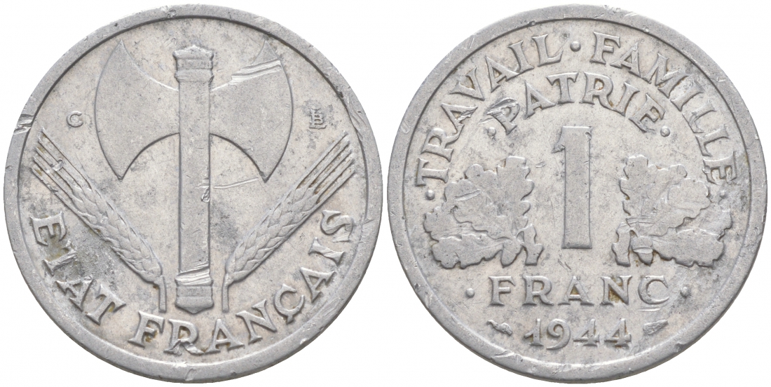ФРАНЦИЯ 1 ФРАНК 1944 С, ТИП LEGERE, ПРАВИТЕЛЬСТВО ВИШИ KM 902.2, LE FRANC 223.7 алюминий 186-321