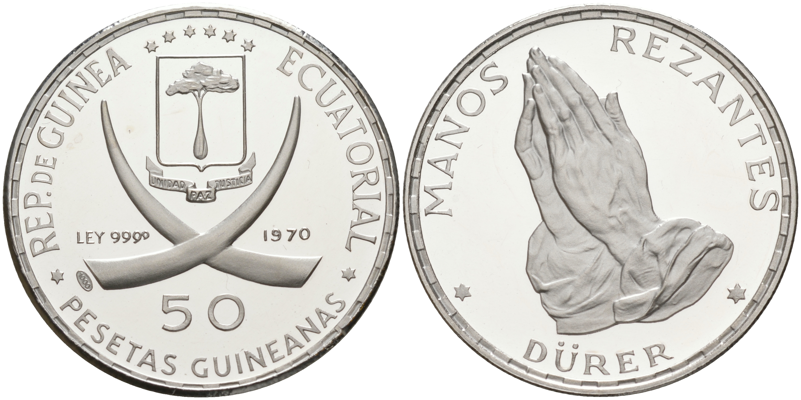 Экваториальная Гвинея 50 песет 1970 Дюрер, руки в молитве KM 7 серебро PROOF 1087-10-14
