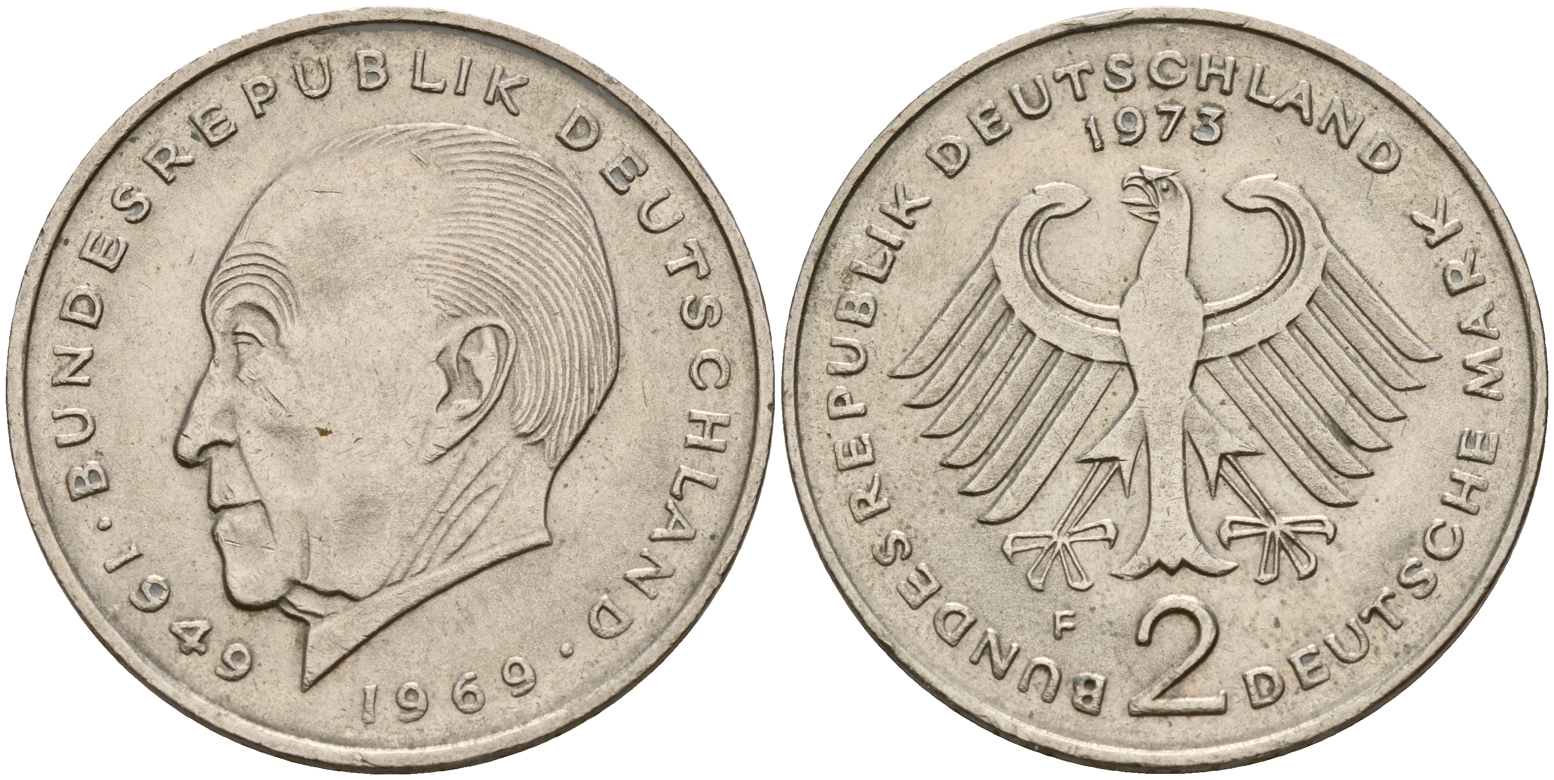 ФРГ 2 марки 1973 F, Конрад Аденауэр J 406, KM 124 медно-никель плакированный никелем    4599-433