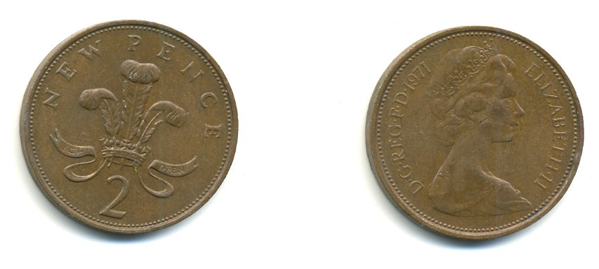 Великобритания 2 пенса 1971 Елизавета II (1952-2022) KM 916, Spink 4235 (C1) бронза 80-1041