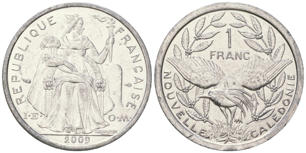 Французская Новая Каледония 1 франк 2009 птица кагу, (IEOM) KM 10, Schoen 10 алюминий 35-554