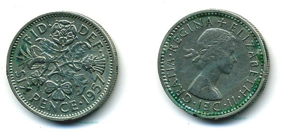 Великобритания 6 пенсов 1957 Елизавета II (1952-2022) KM 903, Spink 4149 медно-никель 61-1134