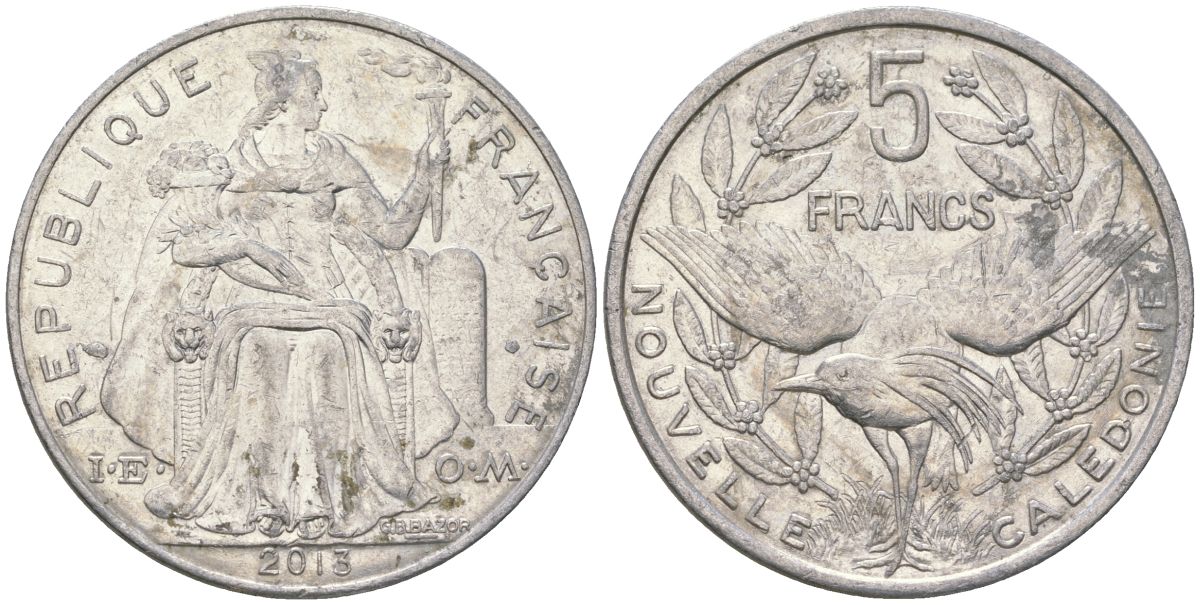 Французская Новая Каледония 5 франков 2013 птица кагу, (IEOM) KM 16, Schoen 12, Lec 81k алюминий 4111-1232
